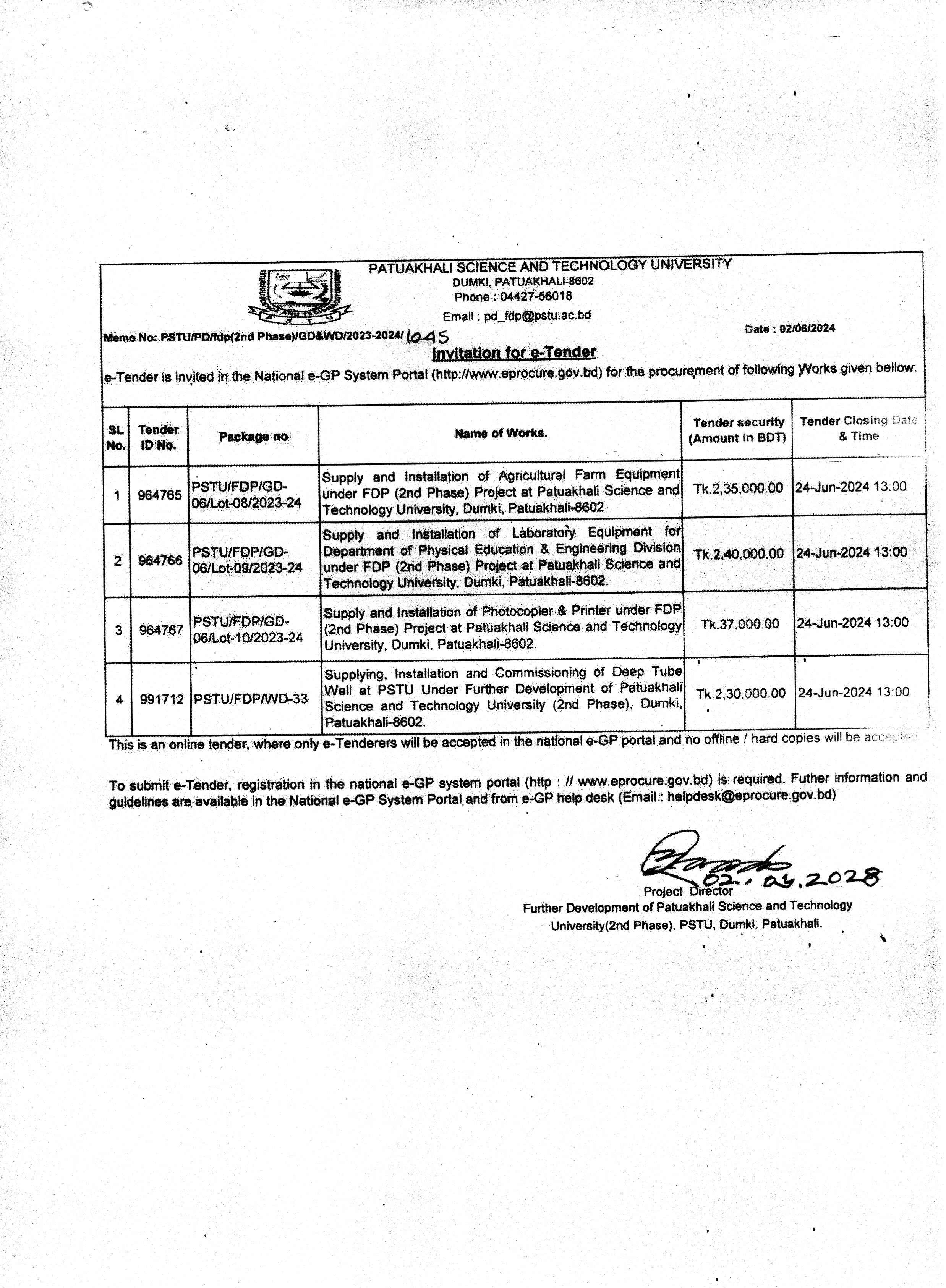 Invition for e-Tender